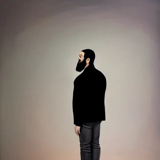 Image similar to a drawing of a man with black hair and beard, wearing a black jacket, white shirt and jeans, standing in a dimly lit room, looking confused, camera is far away, vivid colors, soft lighting, atmospheric, cinematic, moody, oil on canvas, 8 k