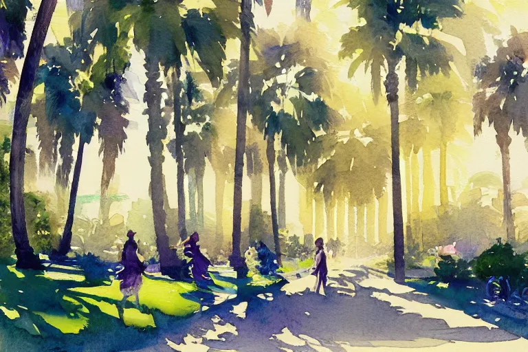 Image similar to small centered on watercolor paper, paint brush strokes, abstract watercolor painting of city park with palm trees, daylight, shadows, covering foliage over pathway, sunlight shining through, translucent leaves, cinematic light, national romanticism by hans dahl, by jesper ejsing, by anders zorn, by greg rutkowski, by greg manchess, by tyler edlin