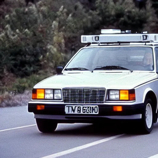 Prompt: photo volvo 240 as the new time machine in Back to the Future IV, movie still, 1990