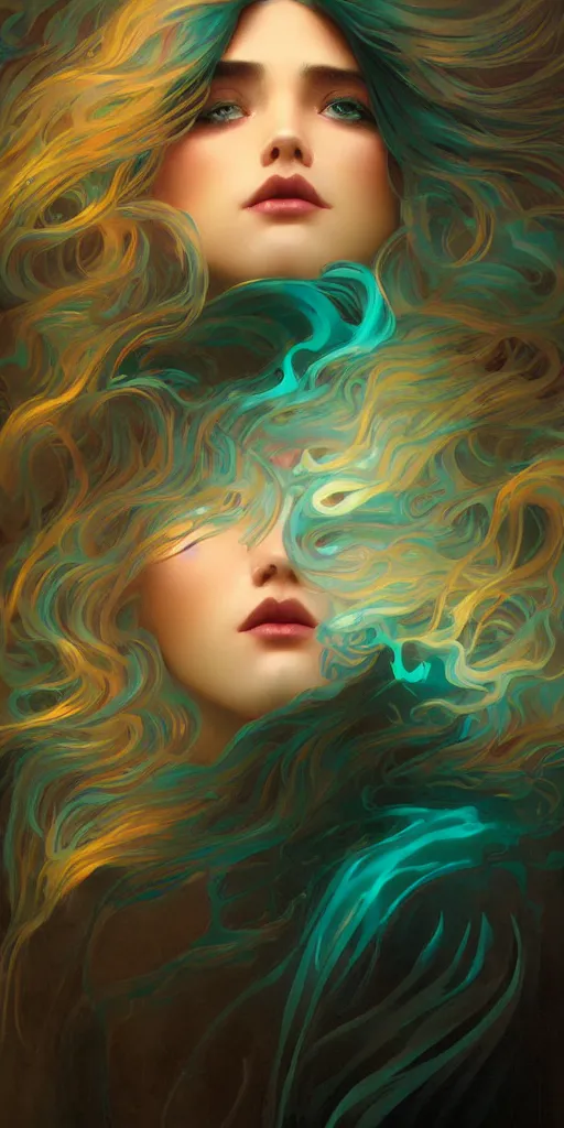 Image similar to haunting beautiful young woman, detailed photo realistic gorgeous face turning waves, dark, ominous, sad eyes, glowing hue of teal, vaporwave aesthetic, synthwave , digital painting, artstation, concept art, smooth, sharp focus, illustration, art by artgerm and greg rutkowski and alphonse mucha