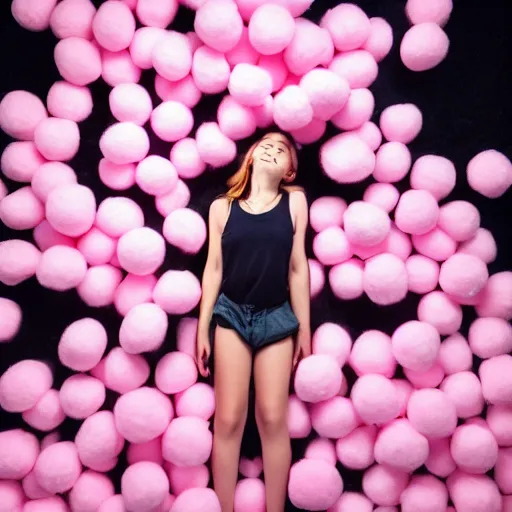 Prompt: a cute girl model surrounded by floating pink cotton balls, photorealistic, hyperdetailed, studio lighting, shot on iphone 1 3 pro,