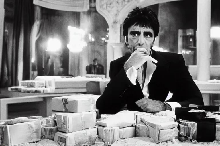 Image similar to tony montana from movie scarface 1 9 8 3 sitting at a table with big packages of flour. next to the night window. al pacino. perfect symmetric face, coherent eyes, medium shot, fine details, 4 k, cinestill, ron cobb