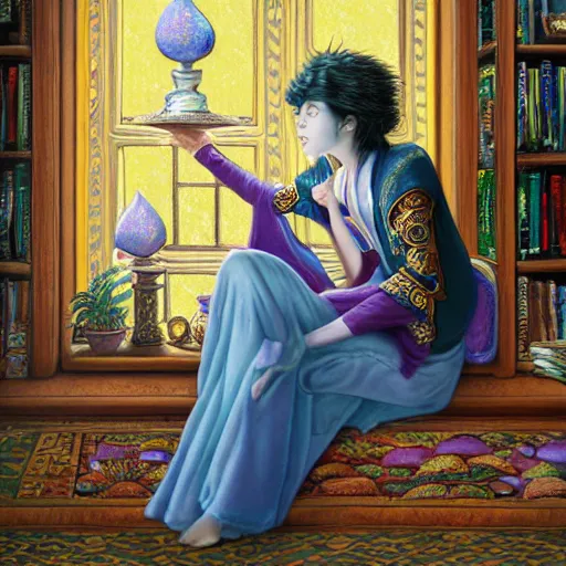 Prompt: a highly detailed fantasy pastel painting of a young wizard in ornate clothing lounging on a purpur pillow on the marble floor in front of her bookcase, studying an ancient tome. to the side is a potted plant and some blue candles. ancient oriental retrofuturistic setting. 4 k key art in the style yoshitaka amano