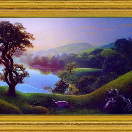 Prompt: A beautiful photograph of a landscape. It is a stylized and colorful view of an idyllic, dreamlike world with rolling hills, peaceful looking animals, and a flowing river. The scene looks like it could be from another planet, or perhaps a fairy tale. umber by Hal Foster relaxed, dull
