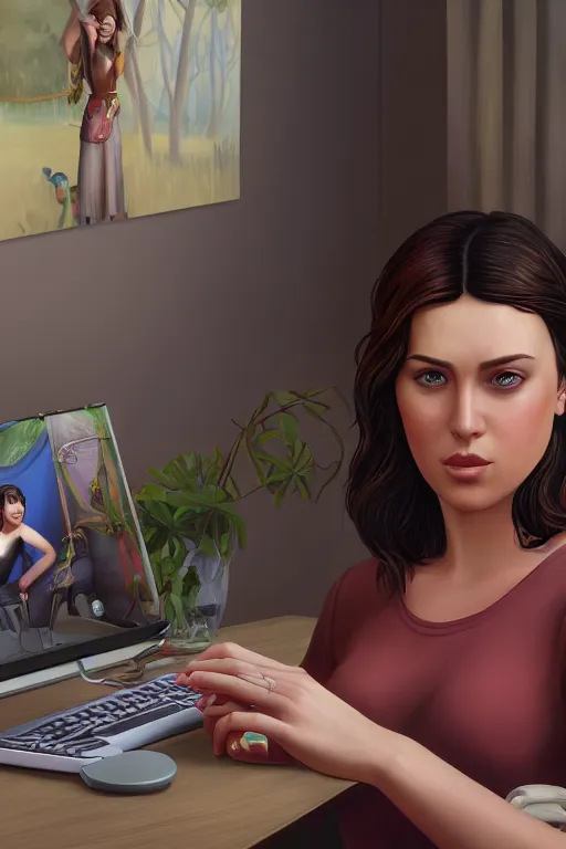 Image similar to lauren playing the sims 4, oil on canvas, intricate, portrait, 8 k highly professionally detailed, hdr, cgsociety