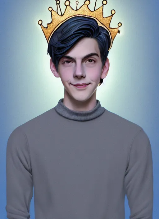 Image similar to portrait of teenage jughead jones wearing a light grey crown, crown, blue turtleneck, closed eyes, eyes closed, smile, crown, black hair, intricate, elegant, glowing lights, warm lighting, highly detailed, digital painting, artstation, concept art, smooth, sharp focus, illustration, art by wlop, mars ravelo and greg rutkowski