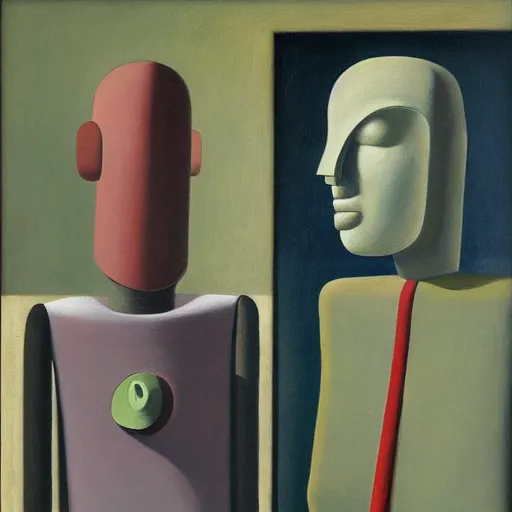 Prompt: three brutalist robot judges portrait, grant wood, pj crook, edward hopper, oil on canvas