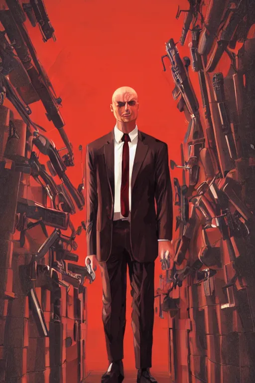 Image similar to an expressive full body portrait of agent 4 7 from hitman in a hallway full of guns, dark background, red rim light, digital art, artstation, concept art by giger stalenhag