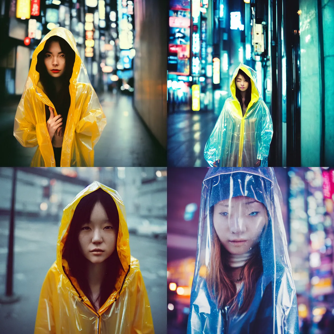 Prompt: An analog head and shoulder frontal face photography of woman wearing a transparent raincoat with hoodie on by Oleg Oprisco. Aesthetic Tokyo Retro. cyberpunk city night photography city. close up. kodak ektar film. Depth of field. whirl bokeh. detailed. hq. realistic. Moody. Filmic. lens flare. Leica M9, f/1.2, symmetrical balance, in-frame