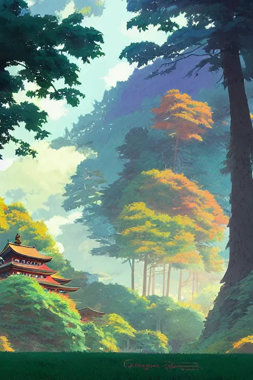 Prompt: high school in a colorful moutain with beautiful trees, morning, by studio ghibli painting, superior quality, masterpiece, traditional Japanese colors, by Grzegorz Rutkowski, concept art