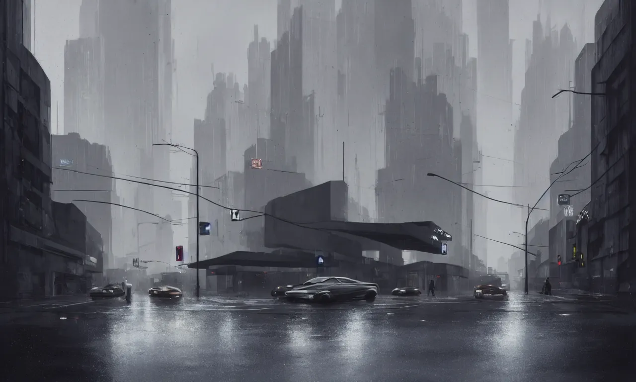 Image similar to high resolution photograph, streetscape, simple brutalist architecture, metal, concrete, wet streets, white neon lights, neon signs, flying cars, pedestrians, greg rutkowski, syd mead, ralph mcquarrie, concept art, matte painting, finely detailed, minimal artifacts, rule of thirds, dynamic lighting, cinematic, denoised, centered, artstation