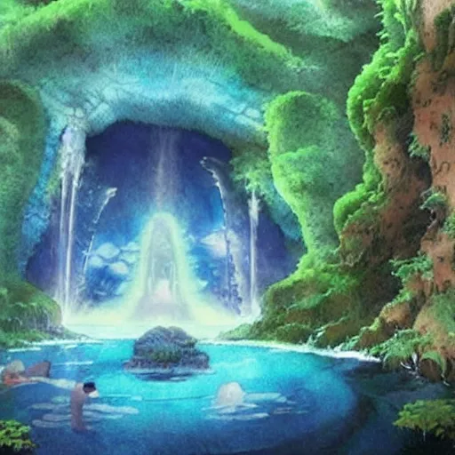 Image similar to “ ancient portal to other dimension in middle of waterfall in studio ghibli film, very detailed, masterpiece, chinese water color painting ”