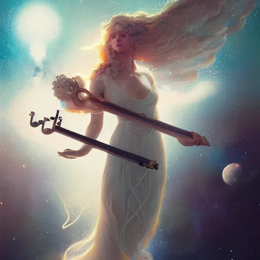 Image similar to a high quality portrait of a celestial goddess of life playing a mystical violin and springing life into the universe, by WLOP, by Beeple, by greg rutkowski