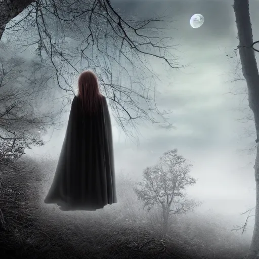 Prompt: a lady in a dark cloak suspended in mid air, seen from behind, ancient forest, mist, moonlight, 35mm, photorealistic, realistic, deviantart, gloomy atmosphere, high definition