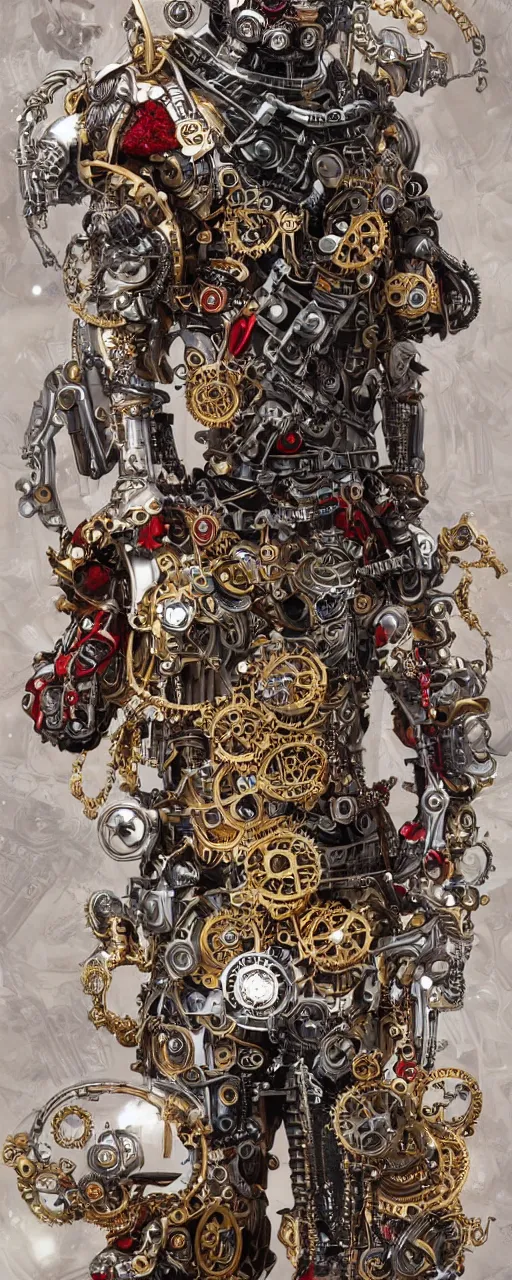 Image similar to full body portrait of a steampunk sci-fi cyborg pirate bionic man, third person, D&D, sci-fi fantasy, cogs and springs and jewels, intricate, gold with black and red fringe highlights, highly detailed, art by Range Murata, highly detailed, 3d, octane render, bright colors, digital painting, trending on artstation, sharp focus, illustration style of Stanley Artgerm, dramatic cinematic background