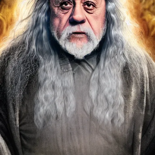 Image similar to ultra realistic illustration, danny devito as gandalf the white from lord of the rings movie, full body, high quality, highly detailrd, wide angle, illustration, digital art, full color