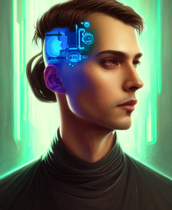 Image similar to a whirlwind inside the metaverse, guy, male, man, science, machine face, fashionable haircut, half body, neurochip, android, cyberpunk face, by loish, d & d, fantasy, intricate, elegant, highly detailed, colorful, digital painting, artstation, concept art, art by artgerm and greg rutkowski and alphonse mucha