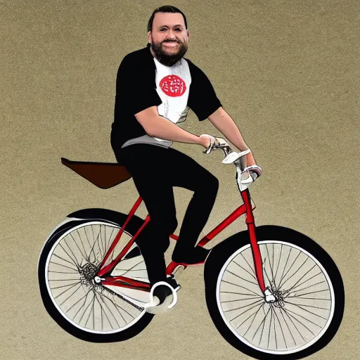 Image similar to matthias dandois wearing a flat bible shirt and riding a tiny bicycle portrait detailed