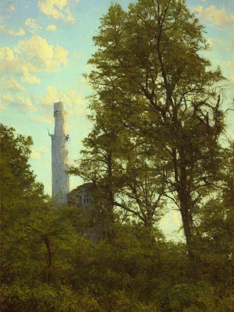 Image similar to Painting of the abandoned wizard\'s tower in the overgrown garden. Unknown Hudson River School artist.