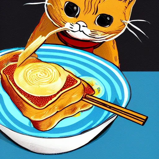Image similar to fat cat eating noodles on toast, digital art