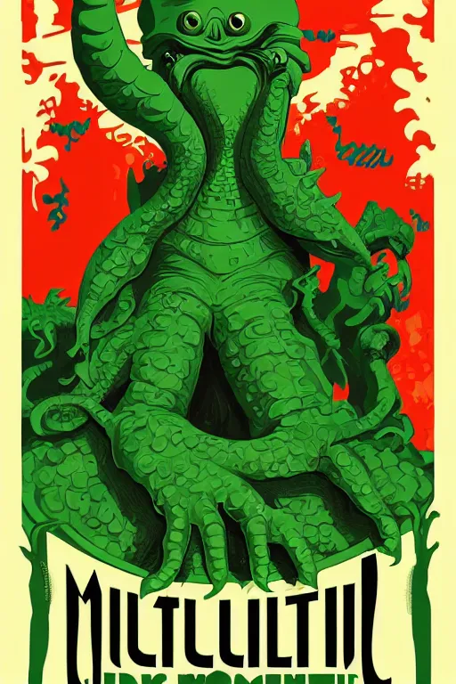 Prompt: a movie poster for the film (green Cthulhu dancing) by Tom Whalen, highly detailed, award winning creature portrait, fantasy, artstation