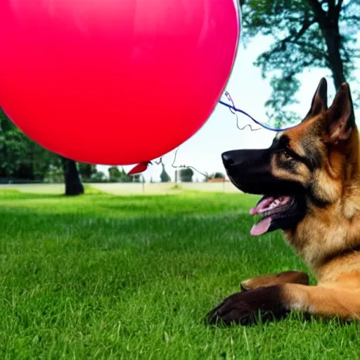 Image similar to a cartoon of a German shepherd playing with balloons