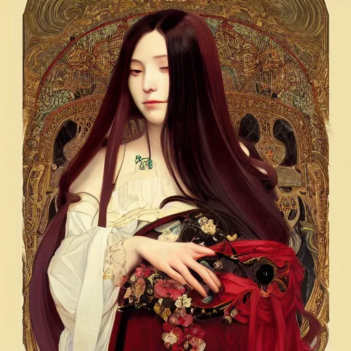Image similar to a beautiful portrait of hatsune miku with long black and deep red colored hair dressed as a 1 st century european noblewoman, intricate, elegant, highly detailed, digital painting, artstation, concept art, matte, sharp focus, illustration, art by greg rutkowski and alphonse mucha