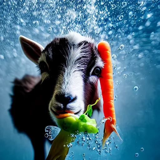 Image similar to Underwater shot of a baby goat’s head eating a carrot, water bubbles, particulate, extremely detailed, studio lighting