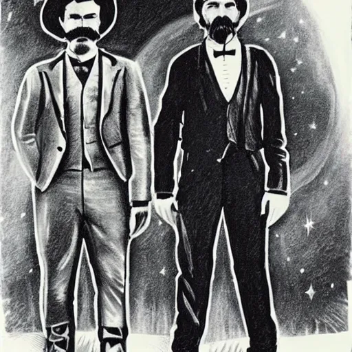 Prompt: hand drawn image of wyatt earp and doc holliday standing on the deck of a spacecraft, inspired by the movie interstellar, high detail