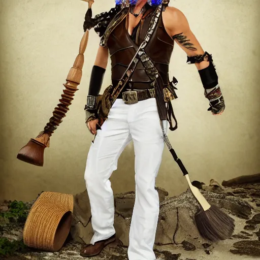 Image similar to a male ranger, dnd, wearing a leather vest and white linen pants, puka shell necklace, long swept back blond hair, with a bongo drum and nunchucks, chiseled good looks, digital art