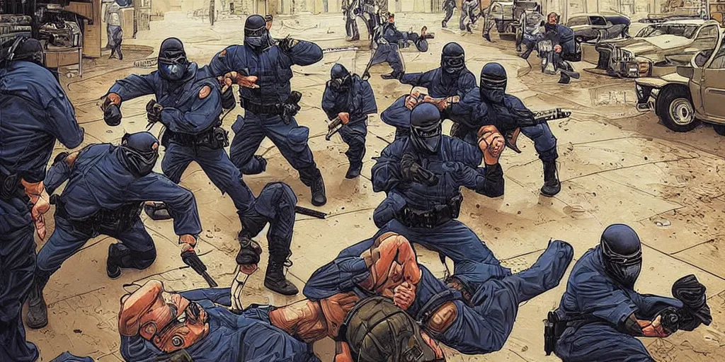 Image similar to Milwaukee cops vs. Ninjas. Epic painting by James Gurney and Laurie Greasley.