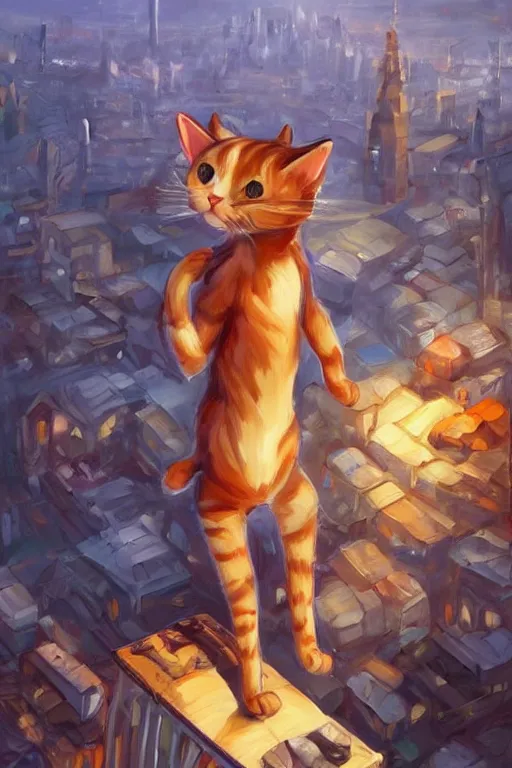 Image similar to a fullbody pose of humanoid cat, beautiful clean oil painting a anthropomorphic cat in a cats city from the top of a roof pinterest, artstation trending, behance, silver, laser light, trending on furaffinity, backlighting, cartoon, by kawacy