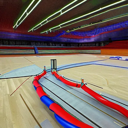 Prompt: a sportshall where 3 giant pipes come out of the floor with the opening towards us. each pipe has a different color. unreal engine