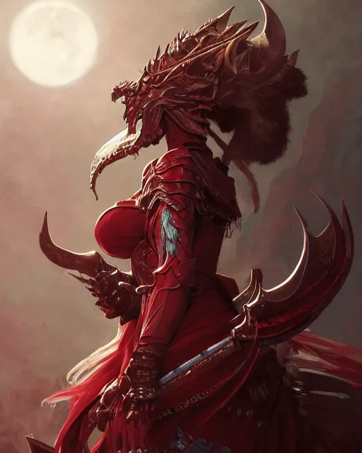 Image similar to Portrait of a Fantasy crimson knight, moonlit, HD, illustration, epic, D&D, fantasy, intricate, elegant, highly detailed, digital painting, artstation, concept art, smooth, sharp focus, illustration, art by artgerm and greg rutkowski and alphonse mucha, monster hunter illustrations art book