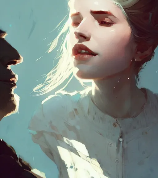 Image similar to portrait of cullen with a beautiful woman he loves by atey ghailan, by greg rutkowski, by greg tocchini, by james gilleard, by joe fenton, by kaethe butcher, dynamic lighting, gradient light blue, brown, blonde cream and white color scheme, grunge aesthetic