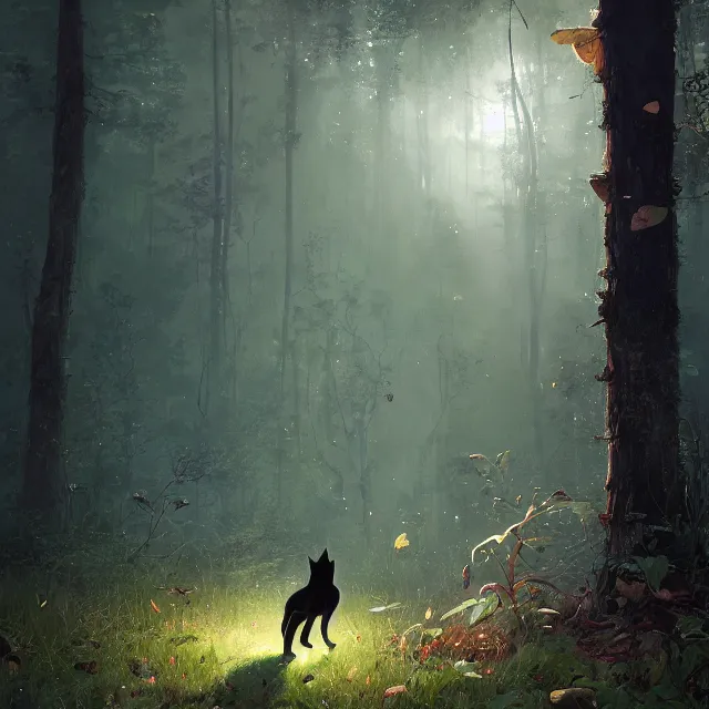 Image similar to a beautiful painting of a single cute black cat in a forest. pixar character design by cory loftis, fenghua zhong, ryohei hase, ismail inceoglu and ruan jia. artstation, volumetric light, detailed, photorealistic, rendered in octane