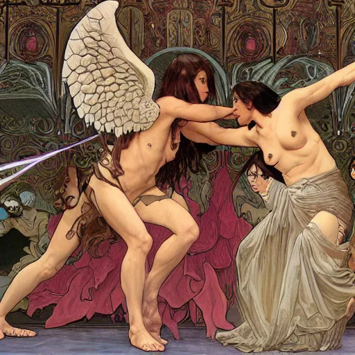 Image similar to angels wrestling with demons, hyper realistic, digital painting. art station. mood lighting, highly detailed, concept art, intricate, sharp focus, by shaun berke and alphonse mucha, milo manara - h 1 2 0 0