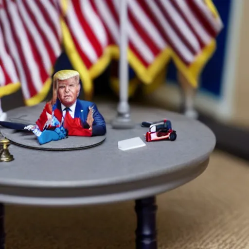 Prompt: a detailed photo of donald trump as an action figure toy in whitehouse diorama, macro photography, zoom, table