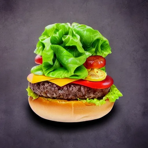 Prompt: a hamburger, on a bun, with cheese, lettuce and tomato, entirely made out of music. Surrealist art studio photography