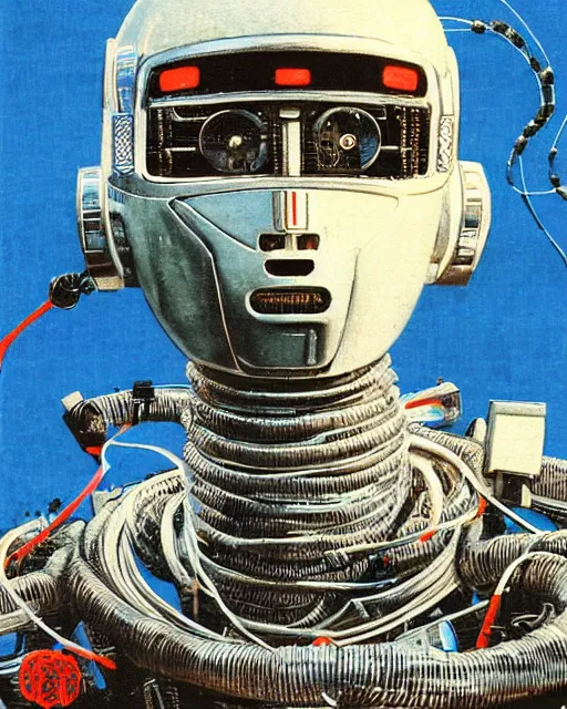 Prompt: Hiroshige portrait of a robot saint made of cables and robotic pod by John Berkey