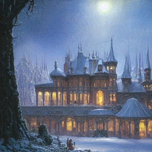 Image similar to a beautiful and highly detailed matte painting of a home depot in a magical fantasy winterlands, intricate details, epic scale, insanely complex, 8 k, sharp focus, hyperrealism, very realistic, by caspar friedrich, albert bierstadt, james gurney, brian froud.