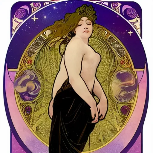 Prompt: heavenly goddess full body statue with sleepy face and beautiful closed eyes and open lips and 2 arms open and 2 legs bending and a curved body wearing torn silk cloth, laying on her back among purple clouds and nebula and starry galaxy dust, splashes into the fabric of the universe, art nouveau by alphonse mucha, black marble, violet gold beige, saturated colors, intricate face detail