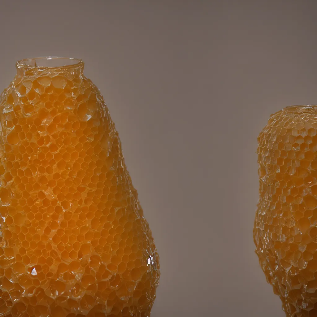 Image similar to real honeycomb vase with honey traditional shape design by tomas gabzdil libertiny, product design, film still from the movie directed by denis villeneuve with art direction by zdzisław beksinski, telephoto lens, shallow depth of field