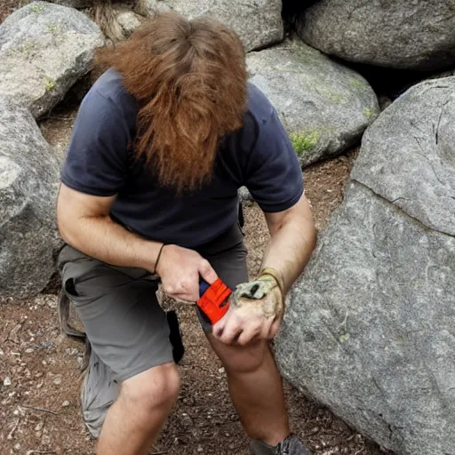 Image similar to neanderthal discovering a pistol near a rock on the ground.