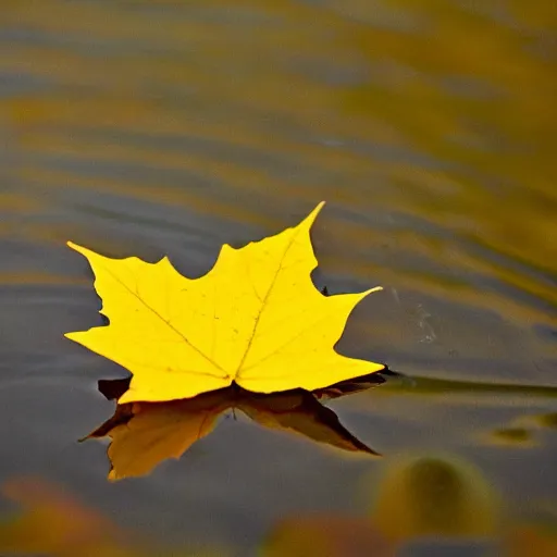 Image similar to close - up of a yellow maple leaf floating on top of a pond