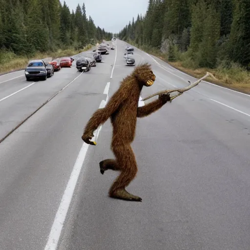 Image similar to Sasquatch tossing a tree into highway traffic