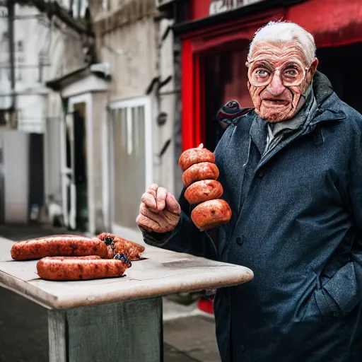 Image similar to An elderly man posting a sausage, Canon EOS R3, f/1.4, ISO 200, 1/160s, 8K, RAW, unedited, symmetrical balance, in-frame