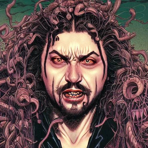 Image similar to portrait closeup of crazy post malone as vampire, symmetrical, by yoichi hatakenaka, masamune shirow, josan gonzales and dan mumford, ayami kojima, takato yamamoto, barclay shaw, karol bak, yukito kishiro