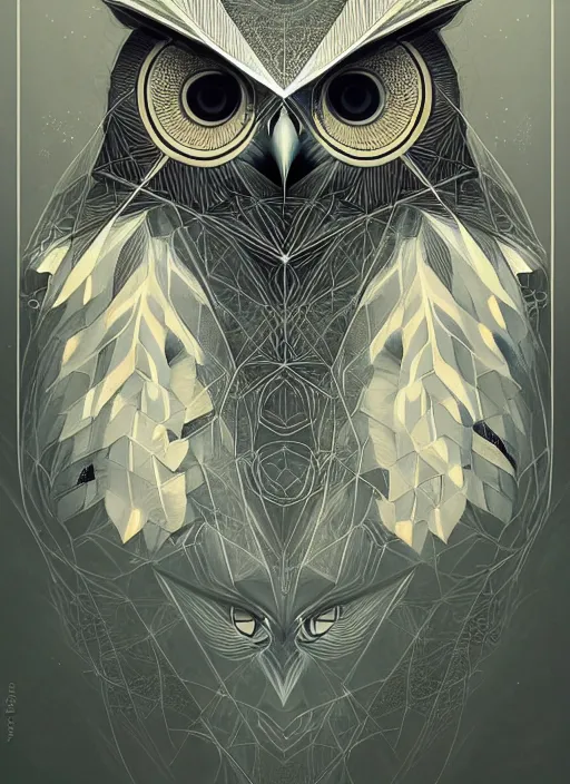 Image similar to portrait of a geometric owl, identical eyes, medium shot, illustration, full body made of white feathers, symmetrical, art stand, super detailed, cinematic lighting, and its detailed and intricate, gorgeous, by peter mohrbacher