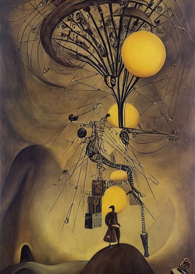 Prompt: a mysterious traveler, riding on a surreal machine, against a wasteland with tree that grow balloons, painted on masonite, by remedios varo